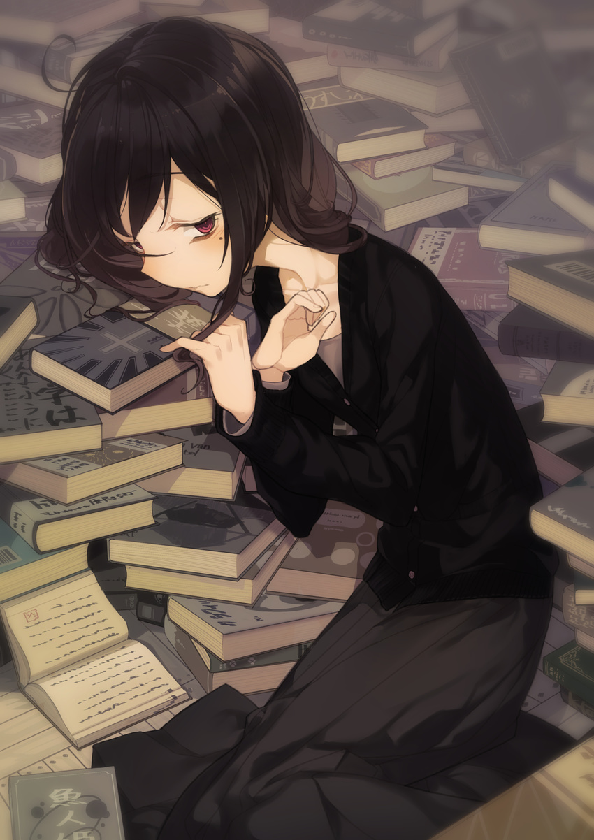 ahoge bangs black_blouse black_hair black_skirt blouse blush book book_focus buttons collarbone highres hitoshi long_sleeves lying mole mole_under_eye original pile_of_books red_eyes shirt skirt solo too_many too_many_books