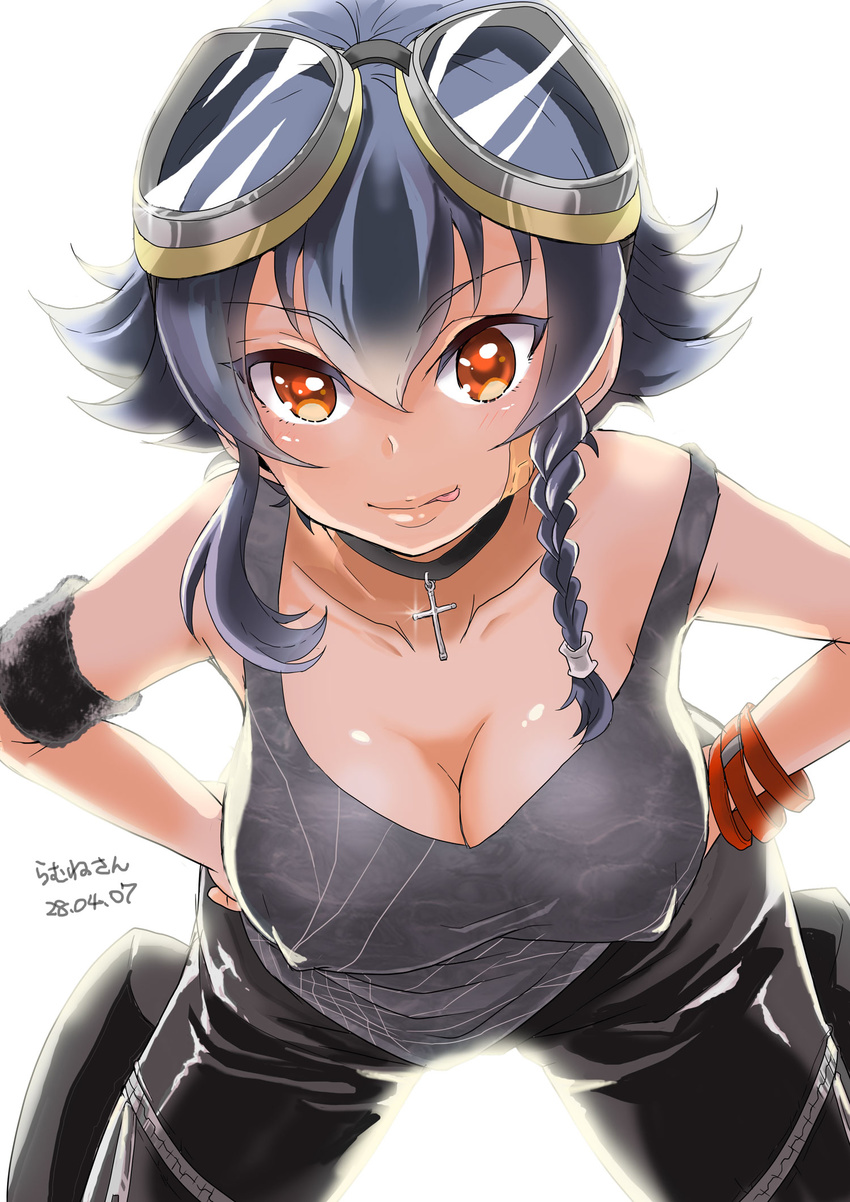 backlighting black_hair black_pants braid breasts brown_eyes cleavage collarbone covered_nipples cross downblouse girls_und_panzer goggles goggles_on_head grey_skirt hands_on_hips highres large_breasts leaning_forward legs_apart licking_lips looking_at_viewer pants pepperoni_(girls_und_panzer) ramune02 short_hair side_braid simple_background sketch skirt solo strap_slip tank_top tongue tongue_out white_background