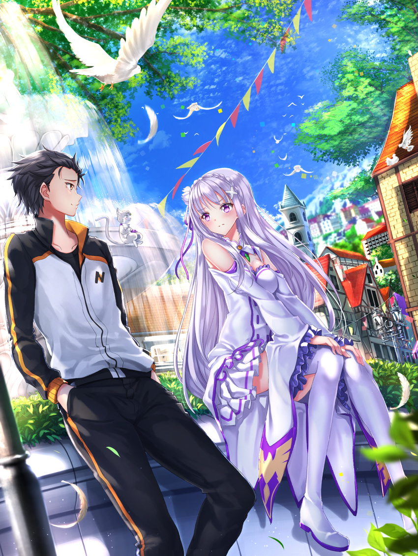 1girl bangs black_hair braid breasts cleavage dress elf emilia_(re:zero) eye_contact flower hair_flower hair_ornament highres long_hair long_sleeves looking_at_another medium_breasts natsuki_subaru pointy_ears purple_eyes re:zero_kara_hajimeru_isekai_seikatsu short_hair silver_hair smile swordsouls thighhighs white_legwear wide_sleeves zettai_ryouiki