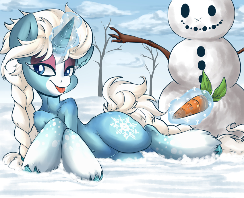 2014 alternate_species blue_eyes carrot cloud crossover cutie_mark disney equine female food frozen_(movie) glowing hair hi_res hooves horn levitation magic mammal my_little_pony outside ponification queen_elsa_(frozen) rainbowscreen sky snow snowman solo suggestive tongue tongue_out unicorn vegetable white_hair