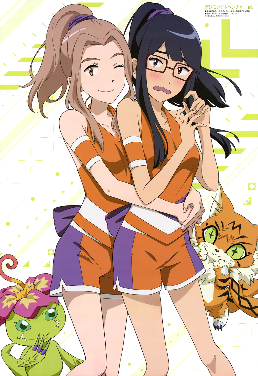 2girls absurdres bare_shoulders black_hair blush bow breasts brown_eyes brown_hair claws collarbone creature daters_uniform digimon digimon_adventure_tri. embarrassed glasses green_eyes highres hug hug_from_behind long_hair looking_at_viewer medium_breasts meicoomon mochizuki_meiko multiple_girls official_art one_eye_closed open_mouth palmon ponytail purple_eyes scan shiny shiny_hair shorts sidelocks tachikawa_mimi wavy_mouth yuri