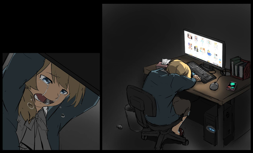 atago_(kantai_collection) atago_(kantai_collection)_(cosplay) blonde_hair blue_eyes blue_jacket book cellphone chair computer cosplay crying crying_with_eyes_open dark dark_room desk ellen_baker highres hunched_over jacket kantai_collection keyboard_(computer) long_hair meta mouse_(computer) new_horizon office_chair phone pixiv pornography shirt smartphone sobbing solo tears tissue trash_can triangle_bullet white_shirt