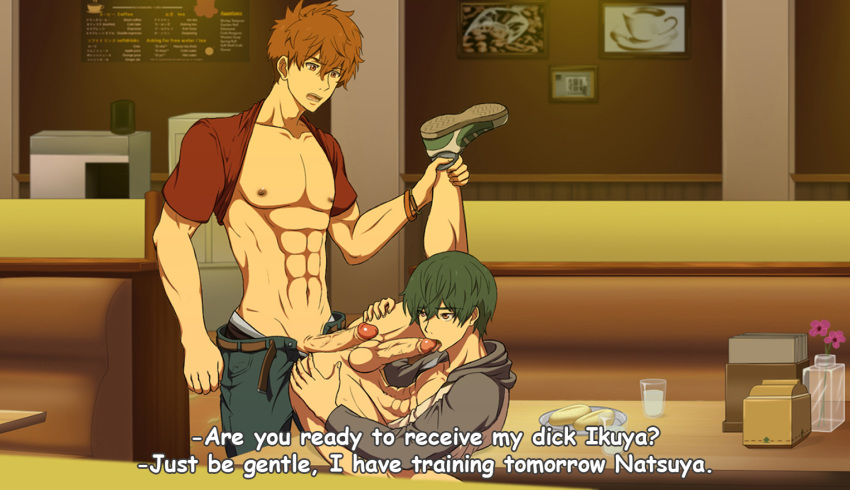 abs bottomless brothers dinner erection family food free! high_speed! incest kirishima_ikuya kirishima_natsuya leg_lift male_focus muscle nipples onoro_nyo pecs penis public self_suck shoes siblings table testicles text_focus yaoi