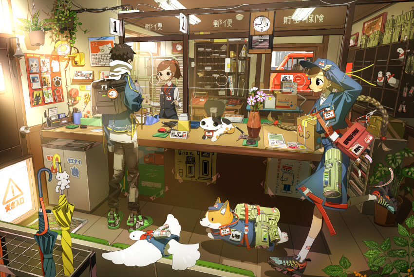 1boy 2girls backpack bag bird black_eyes braid brown_hair cat clock dog dove flower hat highres jacket keychain long_hair messenger_bag multiple_girls office original pants plant ponytail post_office poster_(object) potted_plant short_hair short_sleeves shoulder_bag single_braid skirt tao_(tao15102) umbrella uniform vest