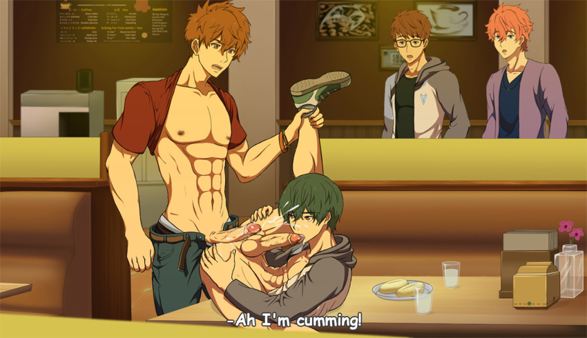 4boys abs anal bottomless brothers cum dinner ejaculation erection family food free! high_speed! incest kirishima_ikuya kirishima_natsuya leg_lift male_focus multiple_boys muscle nipples onoro_nyo orgasm pecs penis public self_suck shoes siblings table testicles text_focus walk-in yaoi