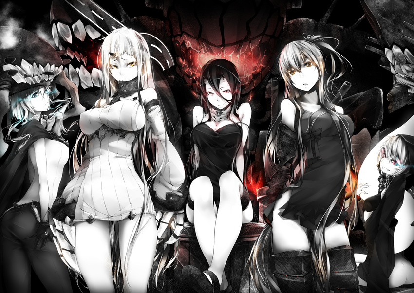 aircraft_carrier_oni anthropomorphism battleship-symbiotic_hime bikini_top black_hair blue_eyes breasts cape choker cleavage dress gloves group hat horns kantai_collection long_hair milaria pink_eyes re-class_battleship red_eyes scarf short_hair skintight thighhighs white_hair wo-class_aircraft_carrier yellow_eyes