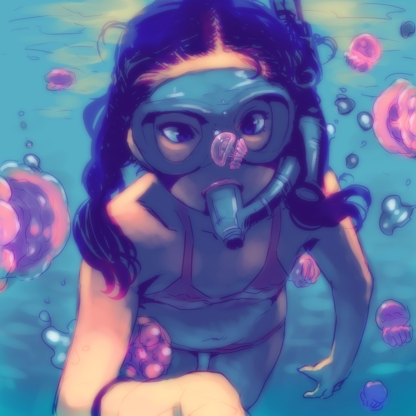 bikini black_hair blue_eyes commentary_request diving_mask diving_mask_on_eyes goggles highres honzawa_yuuichirou jellyfish long_hair nana_trongratanawong real_life real_life_insert snorkel snorkel_in_mouth solo swimsuit underwater water