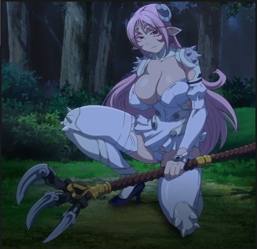 1girl breasts cleavage female hakkai_(secret_journey) horns large_breasts long_hair looking_at_viewer night no_bra po-ju screencap secret_journey shiny_skin skirt solo weapon