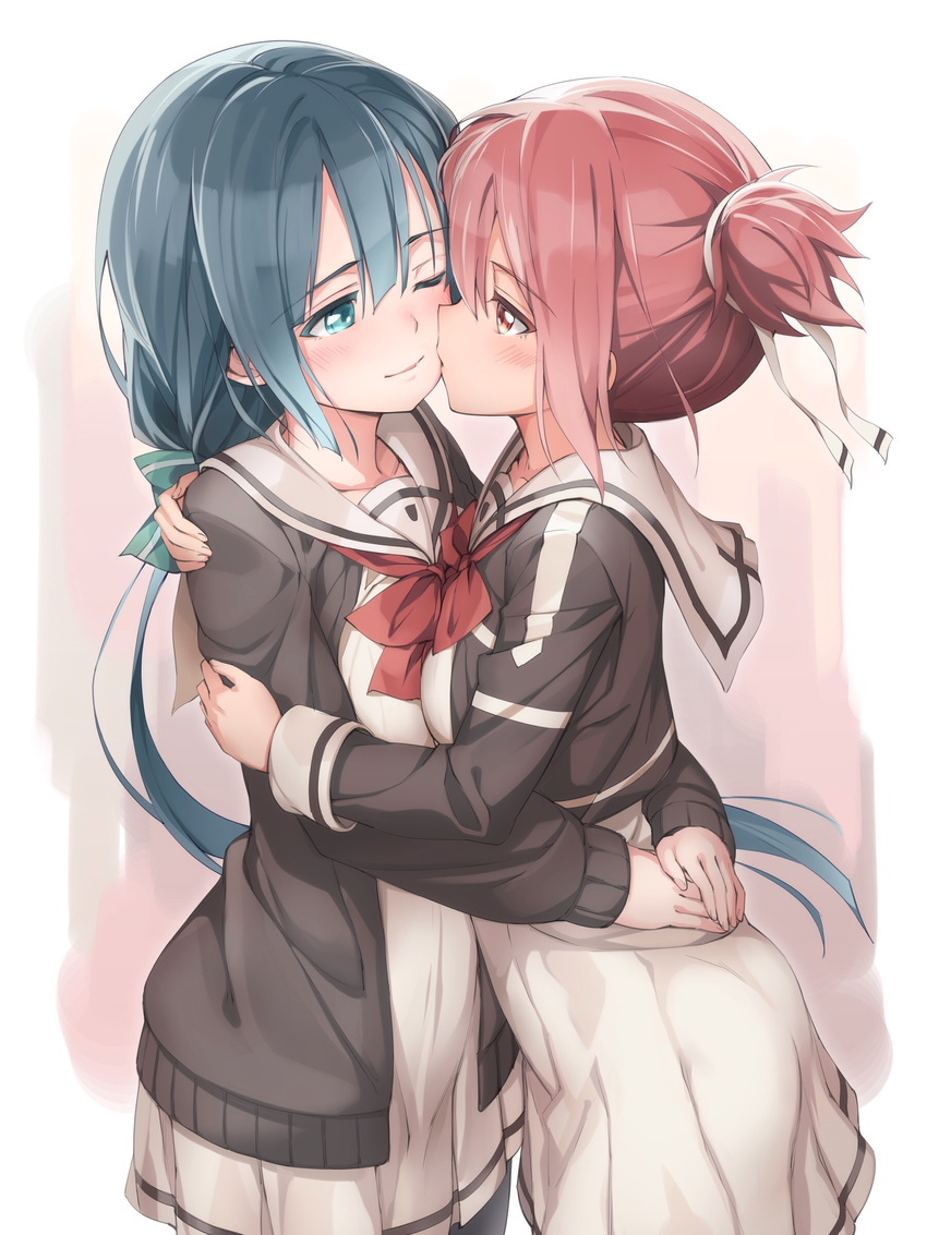 absurdres aqua_eyes bangs blue_hair blush breast_press breasts cardigan cheek_kiss dress eye_contact from_side hair_ribbon highres hug kiss long_hair long_sleeves looking_at_another medium_breasts michairu multiple_girls one_eye_closed pink_hair red_eyes ribbon sailor_collar sailor_dress short_hair short_ponytail side_ponytail smile symmetrical_docking tougou_mimori yuri yuuki_yuuna yuuki_yuuna_wa_yuusha_de_aru yuusha_de_aru