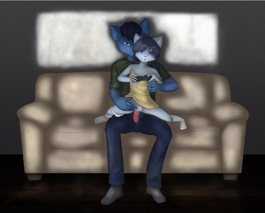absurd_res age_difference anthro blue_eyes blue_fur blue_hair bottomless brother brother_and_sister canine chair_position clothed clothing controller cub duo female from_behind_position fur game_controller gaming hair hi_res holding_controller holding_object incest male male/female mammal open_pants panties panties_around_one_leg penetration playing_videogame psi sex sibling sister sitting sofa underwear vaginal vaginal_penetration young