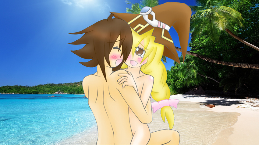 1girl absurdres beach beryl_benito blonde_hair blush brown_hair day hetero highres hug huge_filesize nude sex shing_meteoryte tales_of_(series) tales_of_hearts tears