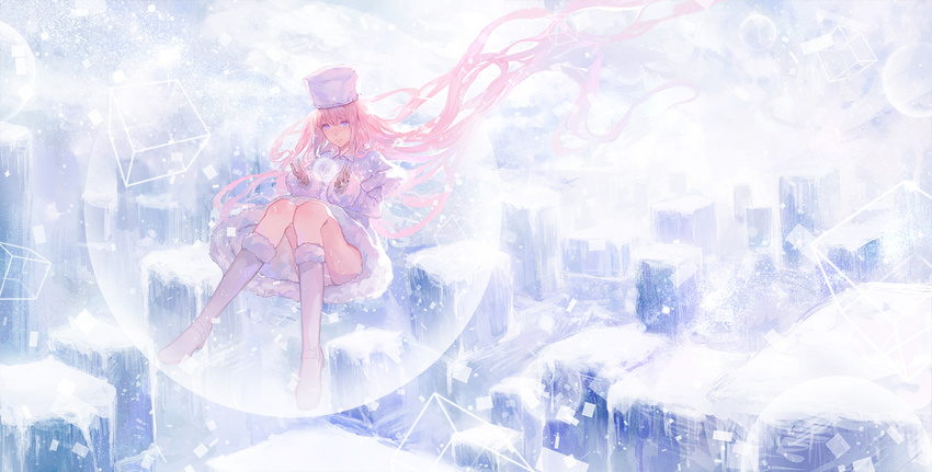 alternate_costume bangs blue_eyes boots bubble capelet closed_mouth cube dye_(vocaloid) floating floating_hair fur-trimmed_boots fur_boots fur_trim gloves hat knee_boots knees_together_feet_apart light_particles long_hair long_sleeves looking_at_viewer megurine_luka no.18 pink_hair project_diva_(series) project_diva_f rectangle smile snow snowing solo upskirt very_long_hair vocaloid white_footwear white_hat