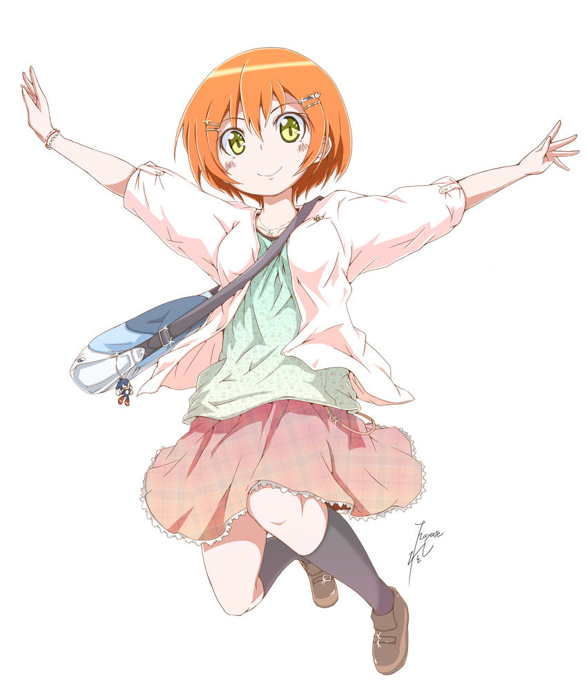 absurdres artist_name bag black_legwear blouse blush bracelet brown_footwear full_body green_shirt hair_ornament hairclip handbag hayate-s highres hoshizora_rin jewelry keychain kneehighs looking_at_viewer love_live! love_live!_school_idol_project necklace one_side_up orange_hair outstretched_arms pink_skirt plaid plaid_skirt shirt shoes short_hair signature skirt smile solo sonic sonic_the_hedgehog spread_arms strap sweater white_background yellow_eyes