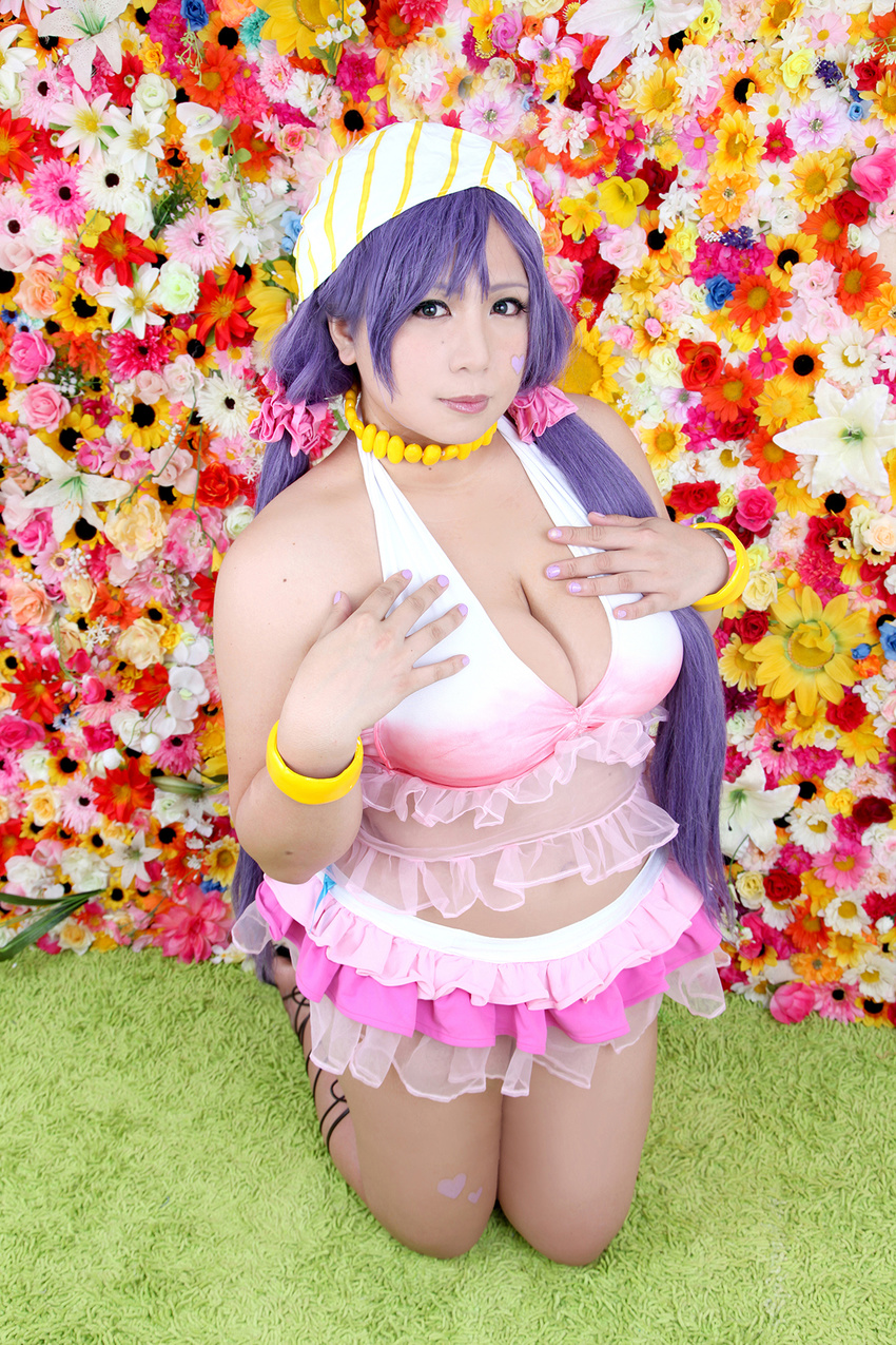 1girl asian bikini_top bra breasts choker chouzuki_maryou cleavage cosplay flower frilled_bra frilled_skirt frills green_eyes heart hips large_breasts love_live!_school_idol_project midriff photo plump purple_hair skirt smile solo toujou_nozomi toujou_nozomi_(cosplay) underwear wide_hips