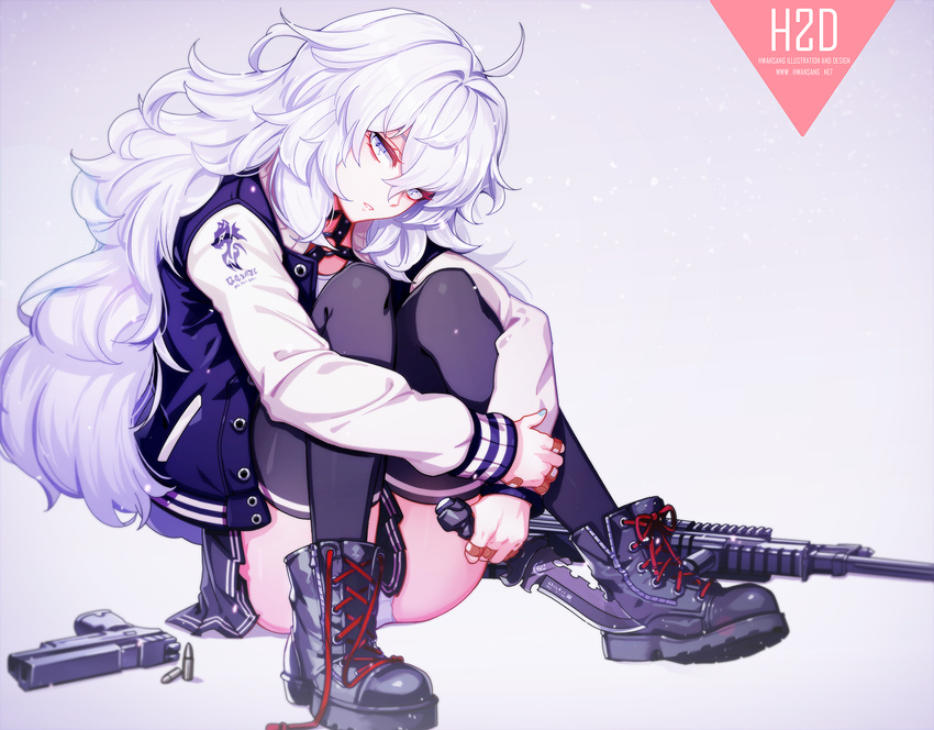 ahoge ankle_boots bad_id bad_pixiv_id bandaid bandaid_on_finger big_hair black_footwear black_legwear black_skirt blue_nails boots bullet clothes_writing collar cross-laced_footwear dagger eyelashes full_body gradient gradient_background grey_background gun hair_between_eyes handgun hands head_tilt highres holding holding_arm holding_sword holding_weapon hwansang jacket lace-up_boots long_hair long_sleeves looking_at_viewer miniskirt nail_polish o-ring original panties pleated_skirt rifle silver_eyes silver_hair skirt solo sword thighhighs underwear upskirt weapon white_hair white_panties