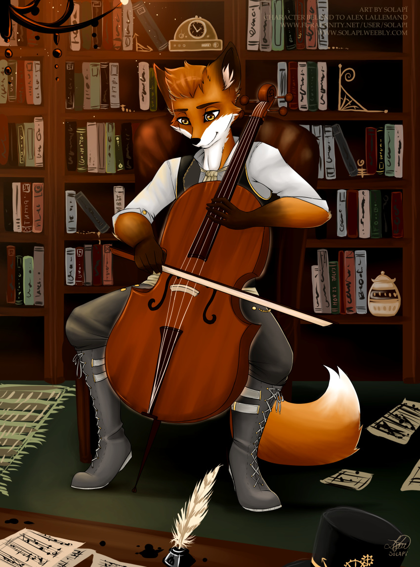book canine cello clock feathers fox ink inner_ear_fluff library loose_feather male mammal music musical_instrument quill rug solapi_(artist)