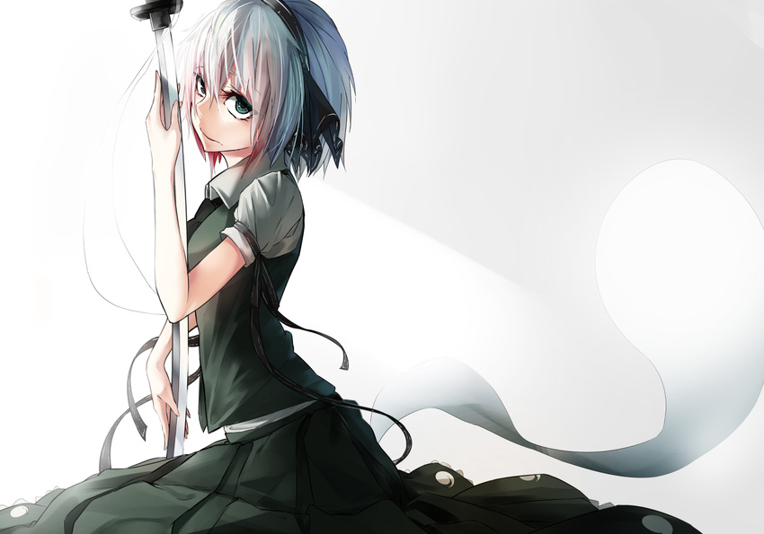 bow green_eyes headband katana konpaku_youmu milaria myon ribbons short_hair skirt sword tie touhou weapon white_hair