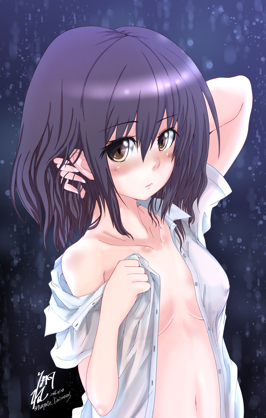 absurdres adjusting_hair artist_name blush breasts brown_eyes brown_hair cleavage collarbone dated dress_shirt hayate-s highres long_hair looking_at_viewer naked_shirt no_bra off_shoulder open_clothes open_shirt original rain shirt signature small_breasts solo twitter_username upper_body wet wet_clothes wet_hair wet_shirt white_shirt