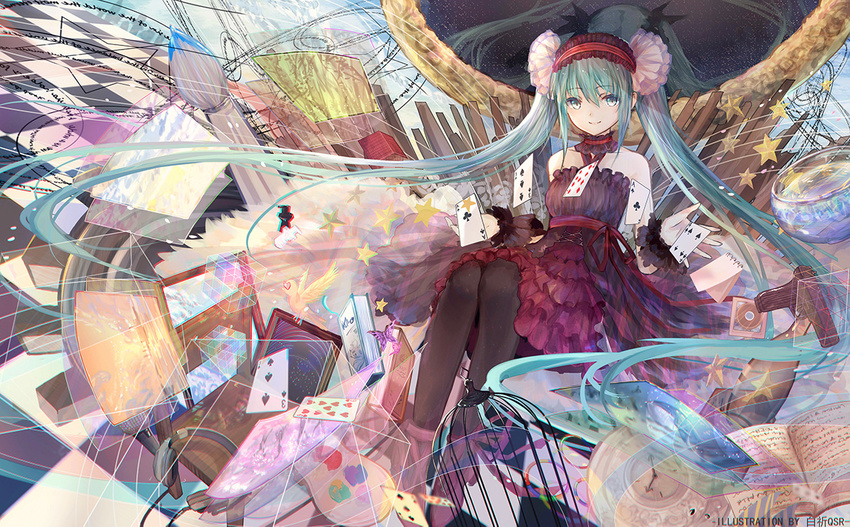 artist_name bai_qi-qsr card green_eyes green_hair hatsune_miku long_hair looking_at_viewer pantyhose playing_card sitting smile solo twintails very_long_hair vocaloid