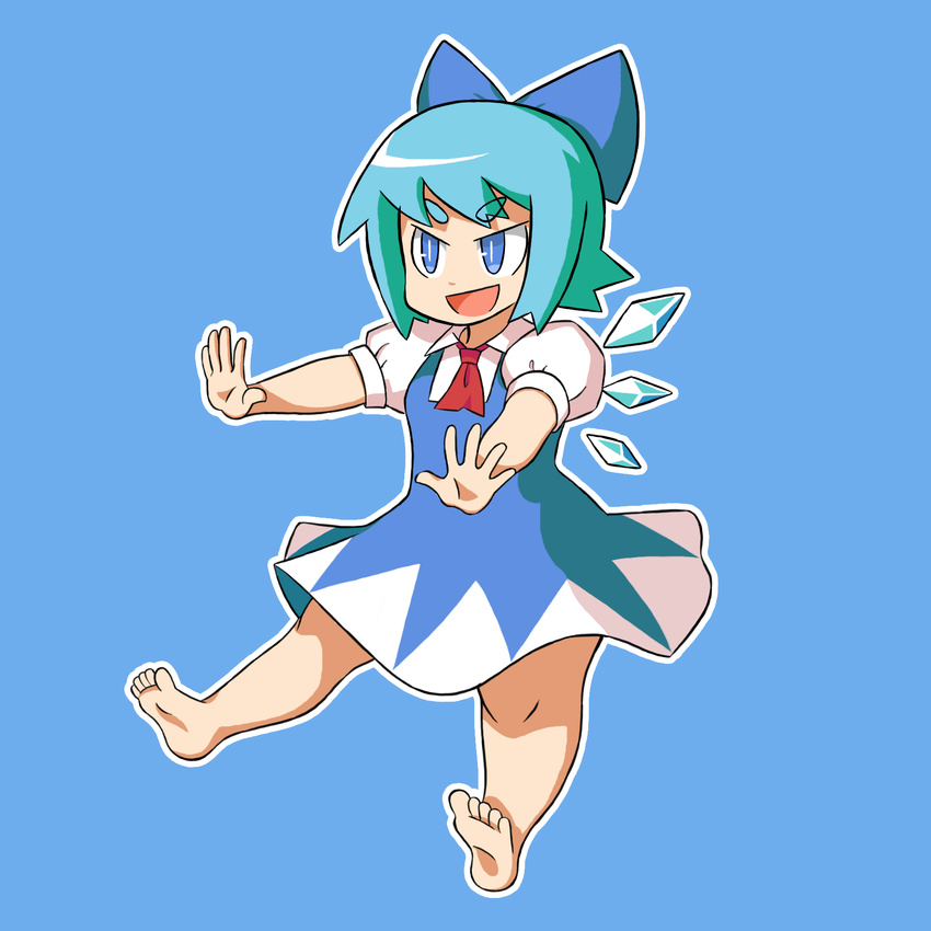 :d barefoot blue_eyes blue_hair blush bow cirno cravat dress eyebrows feet hair_bow hands highres ice ice_wings large_bow legs open_mouth outline outstretched_arms rokugurin short_eyebrows short_hair smile smug soles solo thick_eyebrows thick_thighs thighs toes touhou v-shaped_eyebrows wings