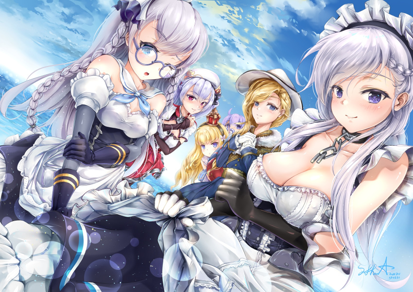 6+girls ;o ahoge ajax_(azur_lane) apron apron_hold azur_lane bangs bare_shoulders belfast_(azur_lane) beret black_collar black_dress black_gloves black_hairband black_ribbon blonde_hair blue_dress blue_eyes blue_sky blush braid breasts broken broken_chain chain chains cleavage closed_mouth cloud collar collarbone commentary_request crown dated day detached_sleeves dress edinburgh_(azur_lane) elbow_gloves eyebrows_visible_through_hair glasses gloves hair_between_eyes hair_ribbon hairband hat heart highres hood_(azur_lane) horizon hue301 large_breasts long_hair long_sleeves looking_at_viewer maid maid_headdress medium_breasts metal_collar mini_crown multiple_girls ocean one_eye_closed outdoors own_hands_together parted_lips puffy_short_sleeves puffy_sleeves purple-framed_eyewear purple_eyes purple_hair queen_elizabeth_(azur_lane) red_skirt remodel_(azur_lane) revision ribbon round_eyewear shirt short_sleeves signature silver_hair skirt sky sleeves_past_wrists smile strapless strapless_dress striped striped_hairband stuffed_animal stuffed_toy stuffed_unicorn twin_braids unicorn_(azur_lane) upper_body v-shaped_eyebrows very_long_hair waist_apron water white_apron white_gloves white_hair white_ribbon white_shirt