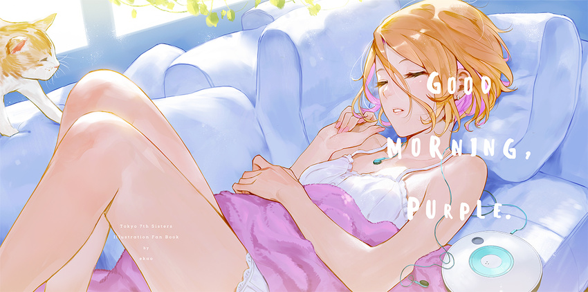 arm_across_waist artist_name bare_shoulders blonde_hair cat cd_player closed_eyes couch earbuds earphones earphones_removed echizen_murasaki ekao english long_legs lying multicolored_hair on_back pink_hair short_hair sleeping solo tokyo_7th_sisters two-tone_hair