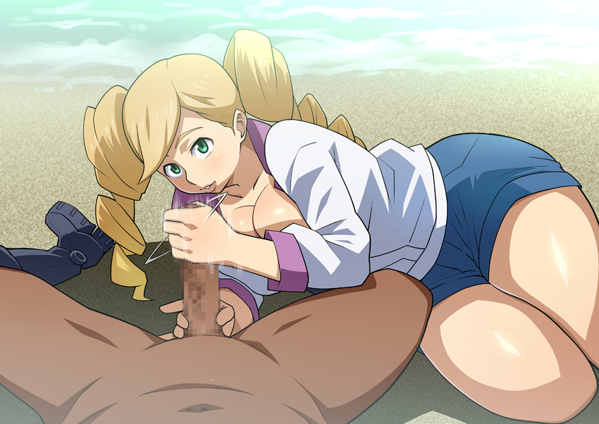 1girl beach blonde_hair breast_press breasts censored character_request cleavage clothed_female_nude_male curvy drill_hair echo_turbine green_eyes gundam gundam_tekketsu_no_orphans handjob huge_breasts legs long_hair long_sleeves looking_at_viewer lying mosaic_censoring motion_blur ocean on_side outdoors parted_lips penis plump pov shorts smile solo_focus tetrodotoxin thick_thighs thighs twintails water wide_hips