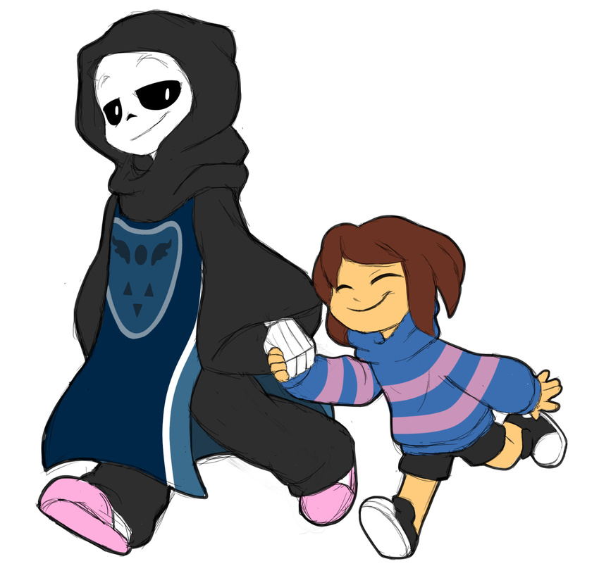 bone brown_hair clothing friisans hair hoodie monster protagonist_(undertale) sans_(undertale) skeleton skull smile underswap undertale video_games