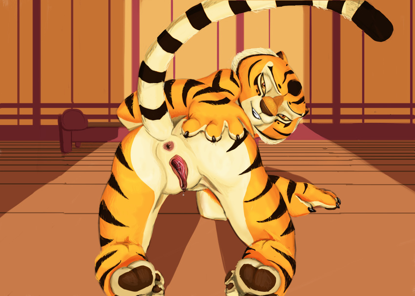 anthro anus butt claws dreamworks feline female horny kung_fu_panda looking_at_viewer looking_back mammal master_tigress nude paws presenting pussy raised_tail rear_view sabrotiger seductive solo spreading stripes tiger