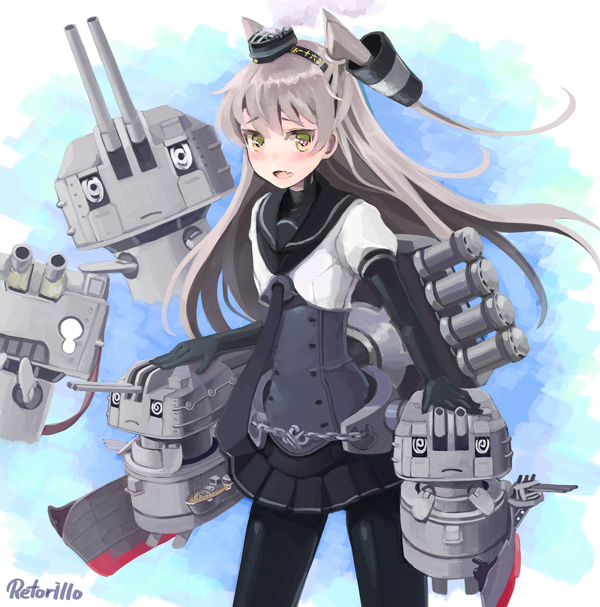 al_bhed_eyes amatsukaze_(kantai_collection) artist_name black_legwear black_skirt blush cannon chou-10cm-hou-chan_(hatsuzuki's) cosplay fang grey_hair hatsuzuki_(kantai_collection) hatsuzuki_(kantai_collection)_(cosplay) highres kantai_collection long_hair looking_at_viewer machinery miniskirt open_mouth pantyhose petting pleated_skirt rensouhou-kun retorillo robot skirt standing turret very_long_hair yellow_eyes