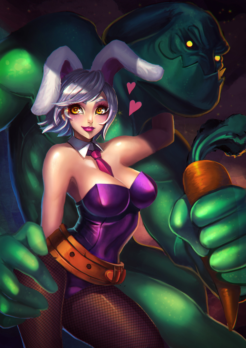 1boy 1girl alternate_costume battle_bunny_riven breasts bunny_ears bunnysuit carrot cleavage green_skin jenny_kung league_of_legends looking_at_viewer monster_boy riven_(league_of_legends) silver_hair zac