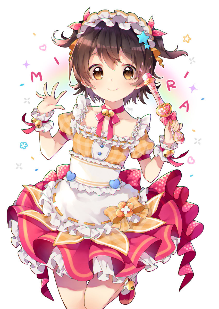 1girl absurdres akagi_miria ankle_bell apron bell blush bow brown_bow brown_eyes brown_hair character_name closed_mouth collarbone commentary_request frilled_apron frilled_shirt frills hair_ribbon hands_up heart highres holding idolmaster idolmaster_cinderella_girls idolmaster_cinderella_girls_starlight_stage jingle_bell plaid plaid_bow plaid_shirt pleated_skirt puffy_short_sleeves puffy_sleeves red_footwear red_ribbon red_skirt ribbon ribbon-trimmed_apron ribbon-trimmed_shirt ribbon_trim risui_(suzu_rks) shirt shoes short_hair short_sleeves skirt smile socks solo sparkle standing standing_on_one_leg star two_side_up waist_apron white_apron white_background white_legwear wrist_cuffs