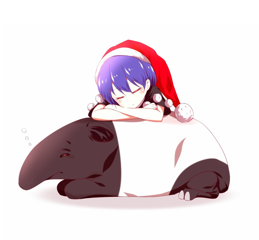 animal baku_(creature) blue_hair blush closed_eyes crossed_arms doremy_sweet hat highres hooves nightcap on_animal pom_pom_(clothes) red_hat rie-co short_sleeves simple_background sleeping solo tapir touhou white_background