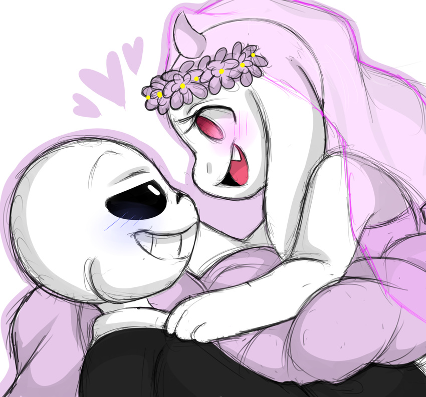 &lt;3 black_suit blush bone caprine clothing dress friisans goat mammal monster pink_eyes sans_(undertale) skeleton skull smile toriel underswap undertale video_games