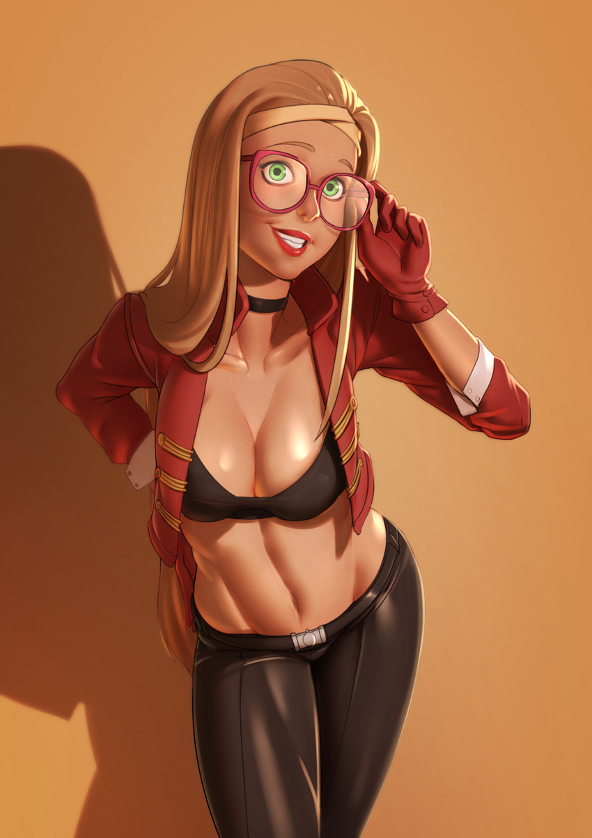 1girl belt big_hero_6 blonde_hair bra cleavage eye_wear glasses gloves green_eyes headband honey_lemon john_doe midriff navel shadow simple_background smile solo teeth