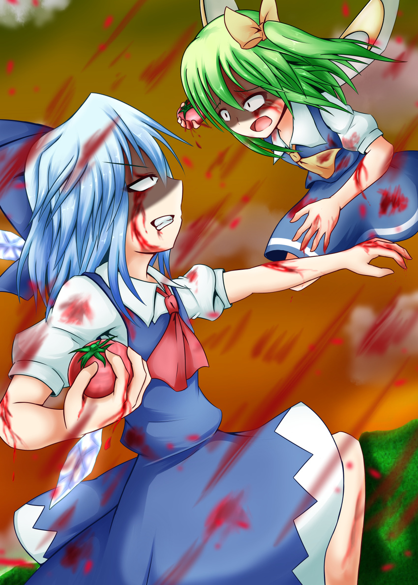 ascot battle blue_hair cirno clenched_teeth commentary cravat d: daiyousei dress dripping duel green_hair highres lunging multiple_girls nogiguchi open_mouth short_hair side_ponytail stained_clothes teeth tomato tomato_juice touhou