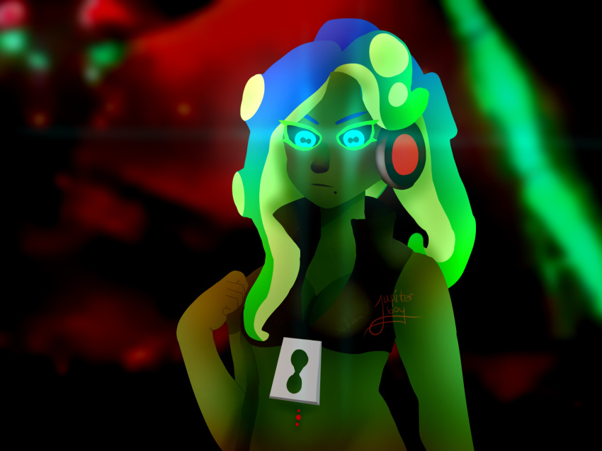 2019 absurd_res animal_humanoid anthro big_breasts black_eyes blue_eyes breasts cephalopod cephalopod_humanoid clothed clothing dark_skin digital_media_(artwork) female glowing glowing_eyes hair hi_res humanoid invalid_background invalid_tag jacket jupiter-boy lineless looking_at_viewer looking_down marina_(splatoon) marine marine_humanoid mollusk mollusk_humanoid navel nintendo not_furry octoling octopus piercing simple_background solo splatoon splatoon2 standing suction_cup tentacle_hair tentacles video_games