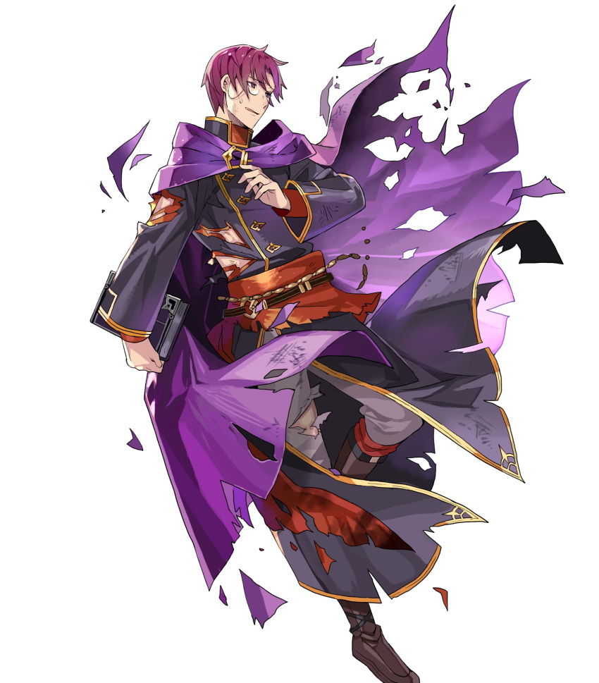 1boy belt book boots canas cape fire_emblem fire_emblem:_rekka_no_ken fire_emblem_heroes full_body highres injury male_focus monocle nintendo official_art open_mouth purple_eyes purple_hair solo torn_clothes transparent_background