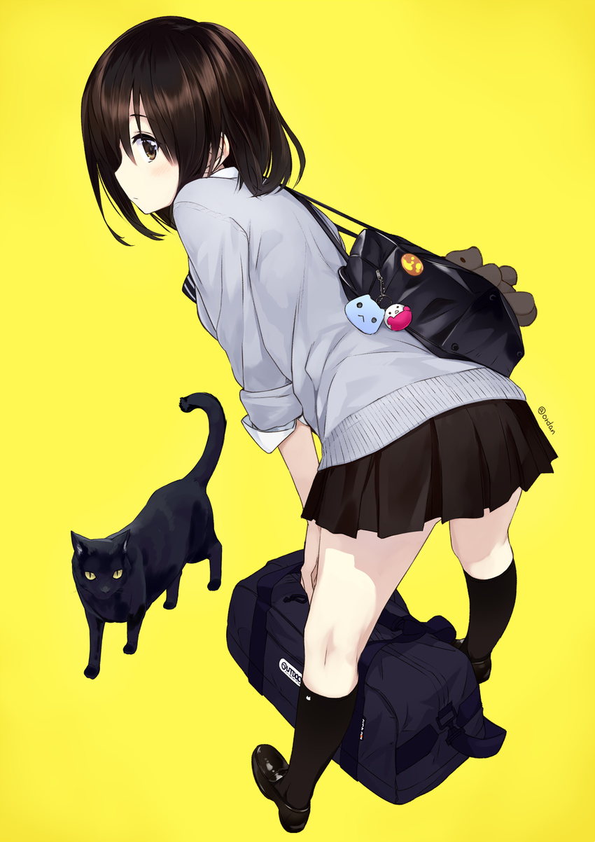 aihama_chika amagai_tarou bag bag_charm black_cat black_footwear black_legwear black_skirt blush brown_eyes brown_hair cat charm_(object) commentary from_behind full_body gym_bag highres keychain kneehighs leaning_forward loafers looking_at_viewer miniskirt original pleated_skirt school_bag school_uniform shoes short_hair simple_background skirt sleeves_rolled_up socks solo stuffed_animal stuffed_toy sweater teddy_bear twitter_username uniform yellow_background