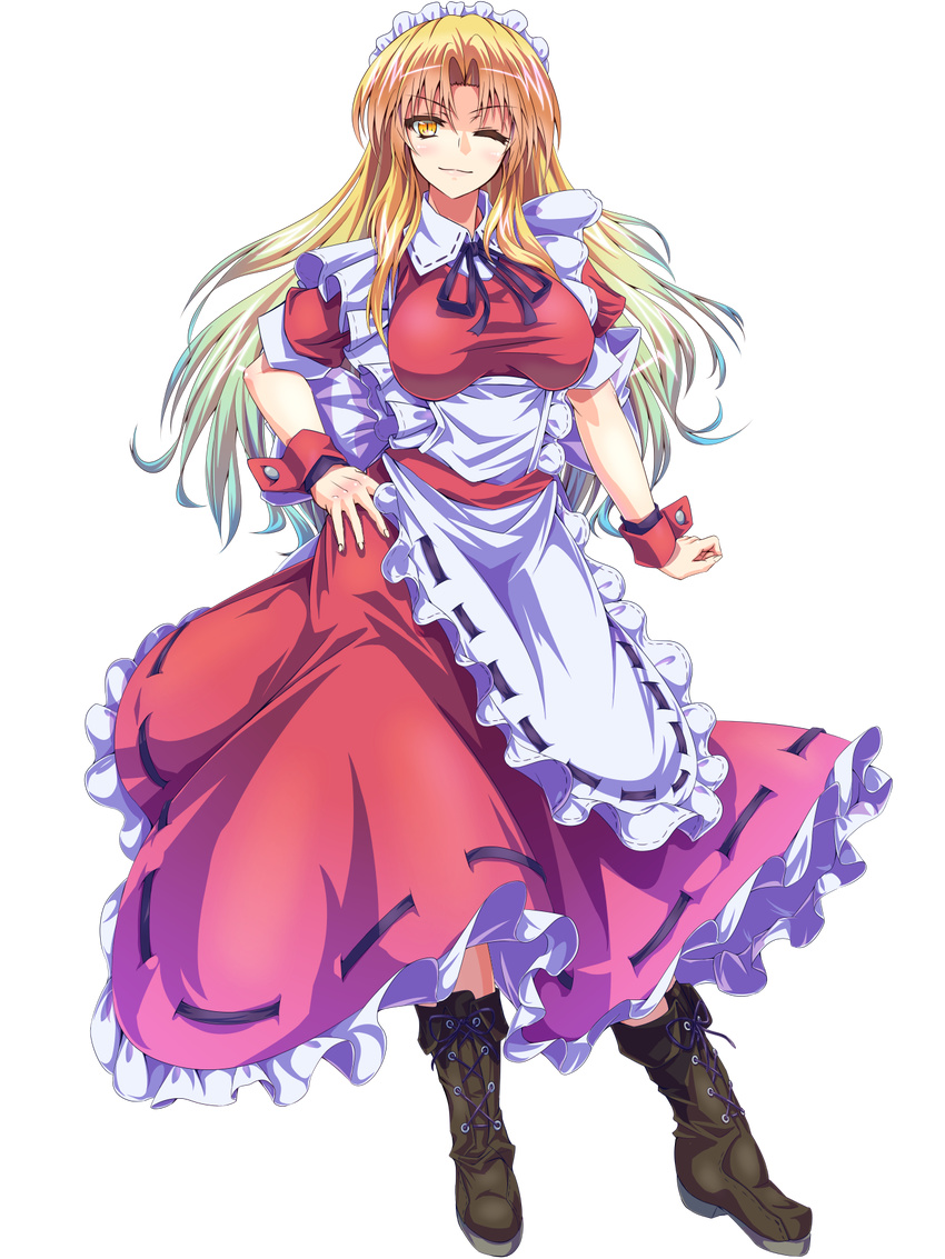 apron blonde_hair boots breasts cross-laced_footwear dress full_body highres lace-up_boots large_breasts long_hair maid maid_apron maid_headdress one_eye_closed open_mouth red_dress ribbon smile solo tachi-e touhou touhou_(pc-98) transparent_background wrist_cuffs yellow_eyes yumeko zephid