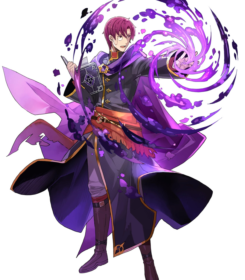 1boy belt book boots canas cape fire_emblem fire_emblem:_rekka_no_ken fire_emblem_heroes full_body highres male_focus monocle nintendo official_art open_mouth purple_eyes purple_hair solo teeth tobi_(kotetsu) transparent_background