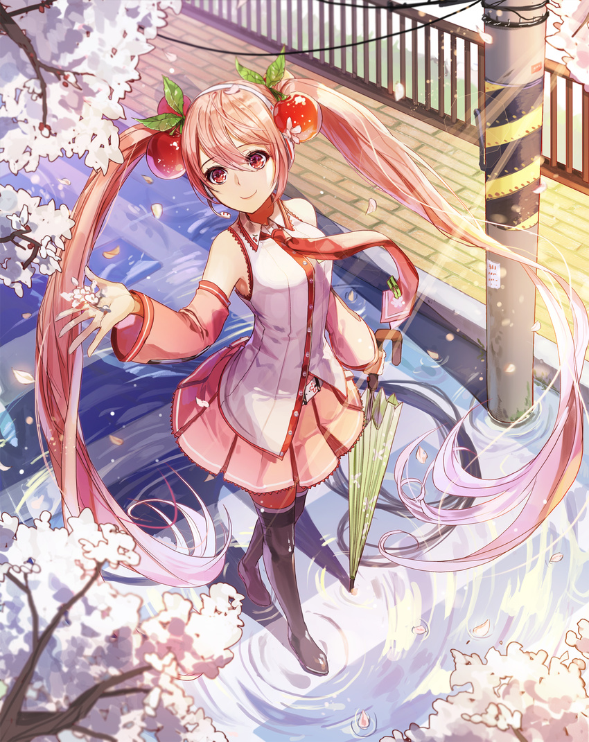 black_footwear black_legwear boots cherry cherry_blossoms cherry_hair_ornament detached_sleeves food food_themed_hair_ornament fruit full_body hair_ornament hatsune_miku highres kim_eb long_hair necktie railing red_eyes red_hair ripples sakura_miku skirt smile solo thigh_boots thighhighs twintails umbrella very_long_hair vocaloid walking zettai_ryouiki