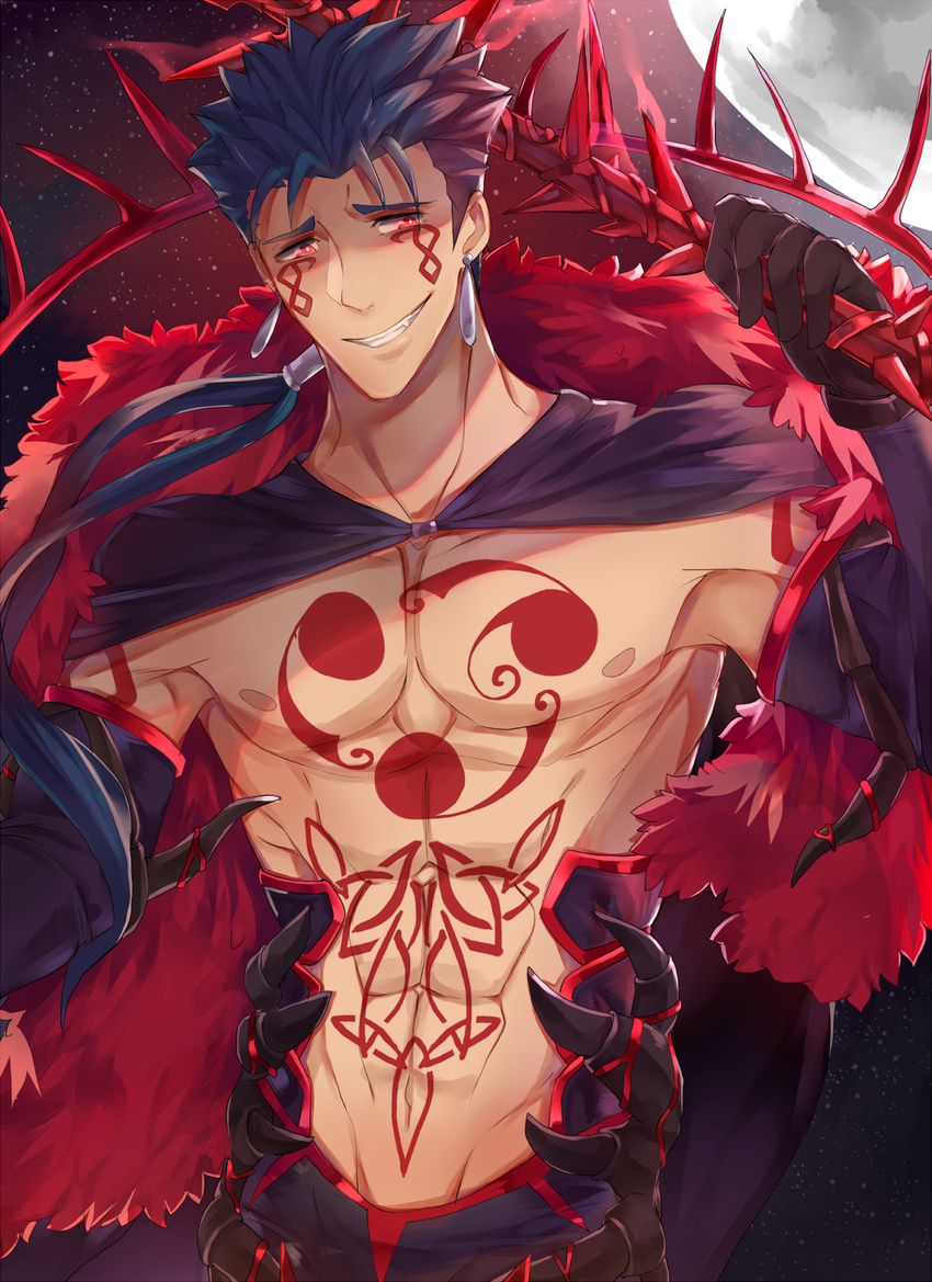 armpits blue_hair chest_tattoo cu_chulainn_alter_(fate/grand_order) earrings fate/grand_order fate_(series) fur_trim gae_bolg grin highres jewelry lancer long_hair looking_at_viewer male_focus polearm ponytail red_eyes rensuke_(pixiv) shirtless smile solo spear tattoo upper_body weapon