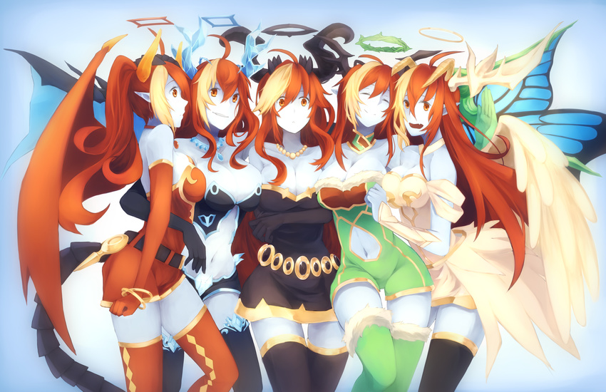 absurdres aeror angel_wings bad_id bad_pixiv_id blonde_hair blue_skin breasts butterfly_wings cleavage closed_eyes commentary_request demon_girl demon_horns demon_tail demon_wings dress elbow_gloves fang fingerless_gloves gloves halo hera-beorc_(p&amp;d) hera-is_(p&amp;d) hera-sowilo_(p&amp;d) hera-ur_(p&amp;d) hera_(p&amp;d) highres horns jewelry large_breasts long_hair multicolored_hair multiple_girls multiple_persona navel navel_cutout necklace open_mouth orange_eyes pointy_ears puzzle_&amp;_dragons red_hair short_dress smile tail thorns wings