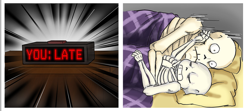 alarm_clock animated_skeleton bed bone clock english_text male male/male papyrus_(undertale) pillow sans_(undertale) skeleton sleeping text undead undertale unknown_artist video_games
