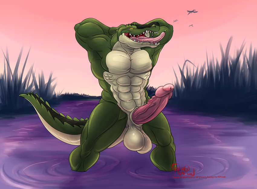abs anthro armpits bald balls big_balls crocodile erection huge_penis hungothenomster looking_at_viewer male manly muscular partially_submerged pecs penis reptile saliva scalie sharp_teeth smile smirk solo standing swamp teeth thick_penis tongue tongue_out vein veiny_penis wet