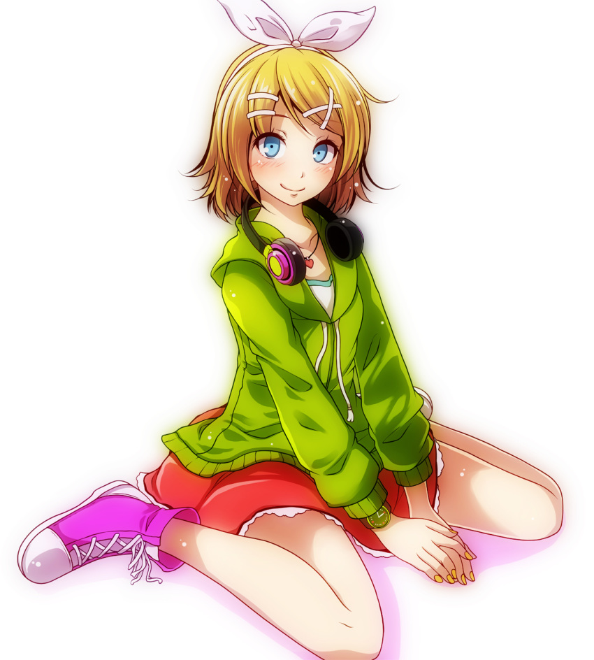 1girl bare_legs blonde_hair blue_eyes blush bow collarbone green_hoodie hair_bow hair_ornament hairclip headphones headphones_around_neck heart heart_necklace highres hood hoodie kagamine_rin kneeling looking_at_viewer melancholic_(vocaloid) melancholy_(module) miniskirt nail_polish pink_footwear pink_skirt project_diva_(series) shoes short_hair sitting skirt smile sneakers solo tsukishiro_saika vocaloid wariza watch wristwatch yellow_nails