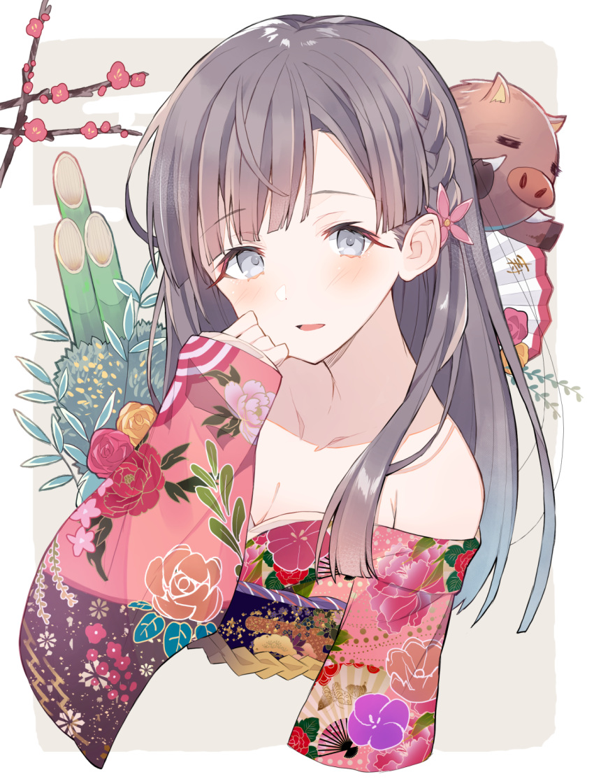 1girl animal bamboo bare_shoulders blush boar breasts brown_background brown_hair chinese_zodiac cleavage collarbone commentary_request cropped_torso floral_print flower grey_eyes hair_flower hair_ornament hand_up highres idolmaster idolmaster_cinderella_girls japanese_clothes kadomatsu kimono kobayakawa_sae long_hair looking_at_viewer obi off_shoulder parted_lips pink_flower pink_kimono print_kimono sash small_breasts solo two-tone_background ultone_(neisiss) upper_body white_background year_of_the_pig