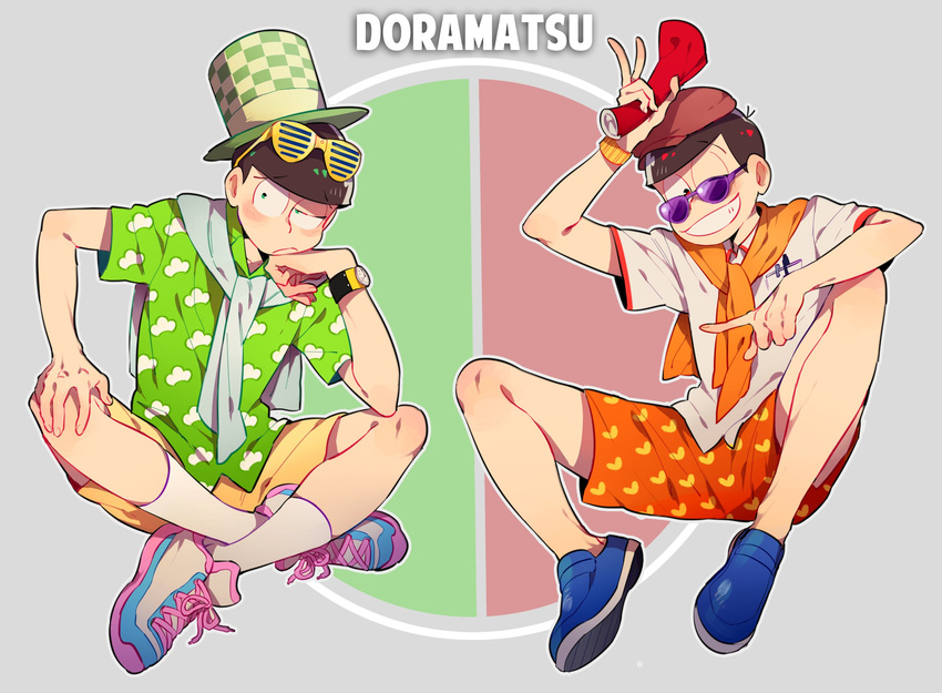 bad_id bad_twitter_id beret brothers brown_hair cardigan chin_rest circle green_eyes grey_background hat heart heart_print highres indian_style looking_at_viewer looking_to_the_side male_focus matsuno_choromatsu matsuno_osomatsu multiple_boys o2_(o2mm) osomatsu-kun osomatsu-san patterned_clothing red_eyes script shoes short_sleeves shutter_shades siblings simple_background sitting smile sneakers socks sunglasses top_hat v watch wristwatch