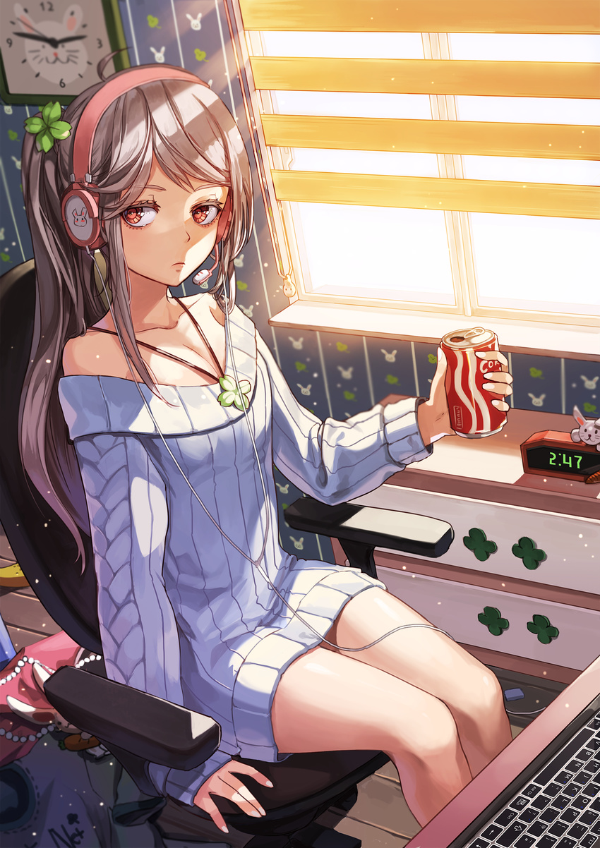 \||/ breasts can chair cleavage clock clover clover_hair_ornament coca-cola coke four-leaf_clover four-leaf_clover_hair_ornament four-leaf_clover_necklace grey_hair hair_ornament headphones highres keyboard_(computer) kim_eb long_hair looking_at_viewer off-shoulder_sweater original red_eyes ribbed_sweater sitting sleeves_past_wrists small_breasts soda_can solo sweater
